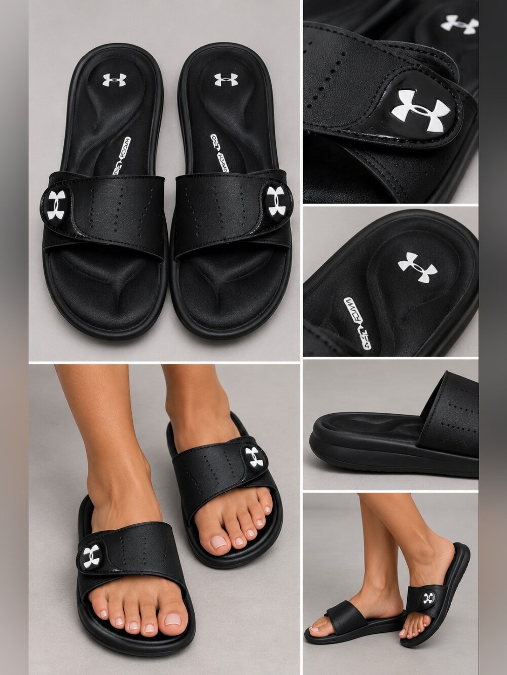 Under Armour Black Slide Sandals with White Logo | Size 6